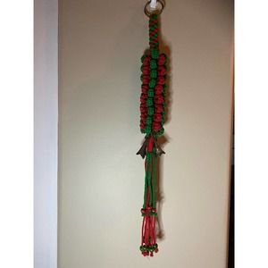Vintage red and green Christmas macrame door hanger brass bells
